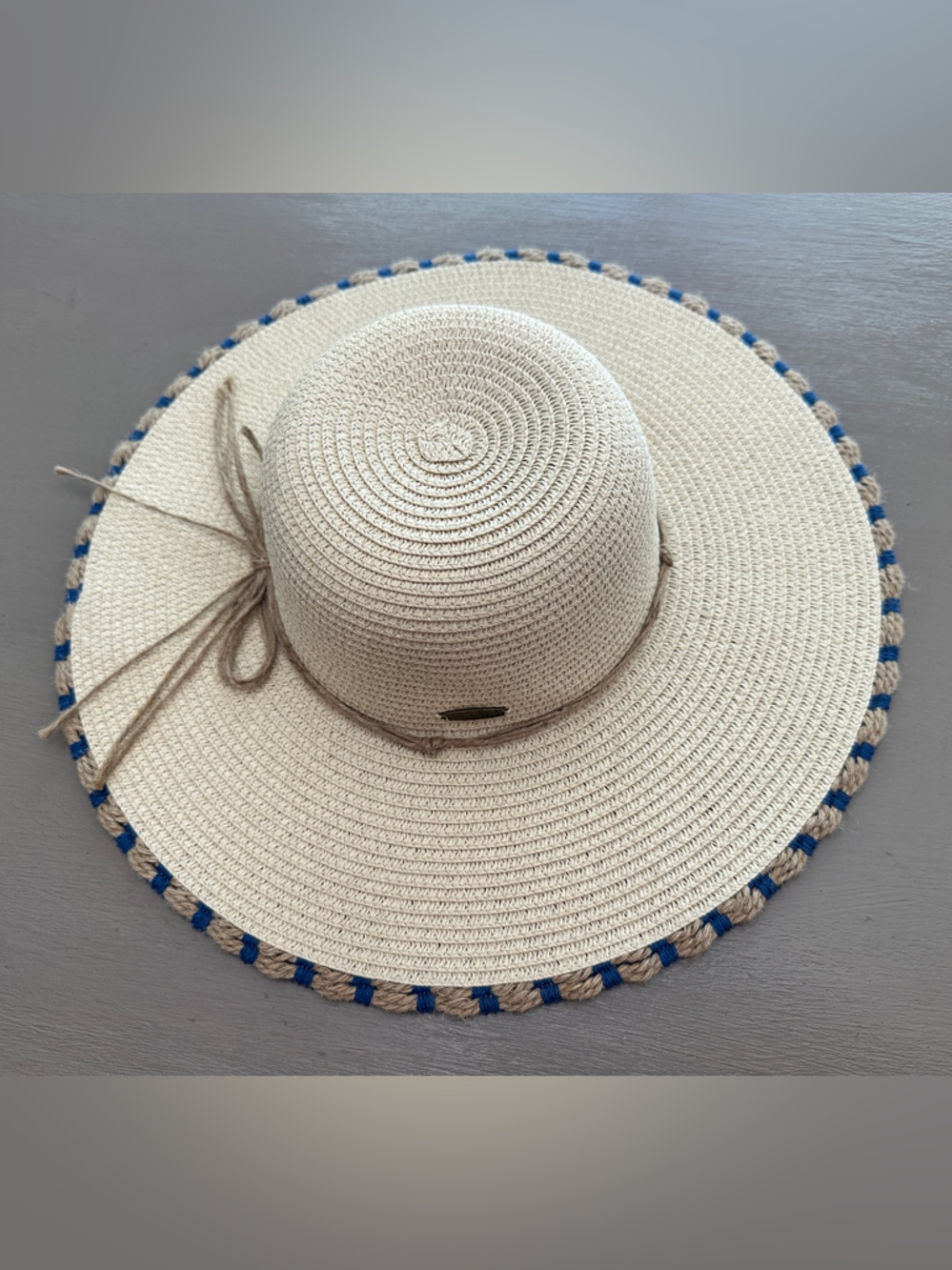 Panama Jack Women's Wide Brim Sun Hat Paper Straw Braid Blue Trim One Size OS
